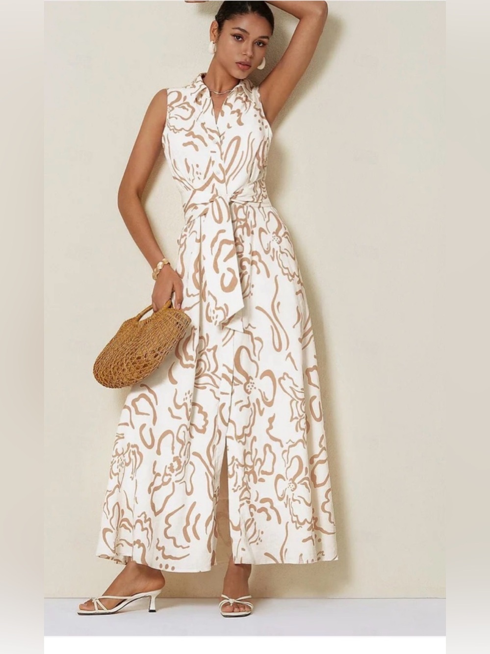 ADOR Abstract Floral Effortless Linen-Style Shirt Dress S